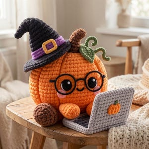 May include: A crocheted orange pumpkin plushie wearing a black witch hat with a purple band and yellow buckle. The pumpkin has black round glasses, pink cheeks, and a brown stem with a green leaf. It sits behind a small gray crocheted laptop.