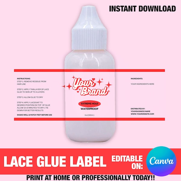 Lace Glue, Lace glue remover, lace tint, lace bond labels, Wax Stick DIY Editable Label, 1 oz, 2 oz, 4 oz, beauty product labels