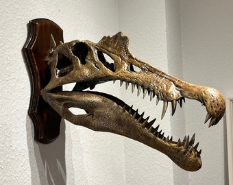 Wallmounted Spinosaurus aegyptiacus 1915 skull replica sculpture in brown or black