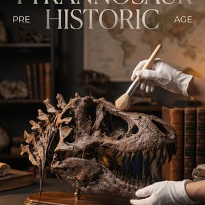 Peut inclure: Réplique détaillée d'un crâne de Tyrannosaurus Rex, fabriquée à partir de véritables scans de fossiles. Le crâne brun est exposé sur une base en bois, avec le texte "TYRANNOSAUR HISTORIC AGE" et "MUSEUM-QUALITY REPLICAS". Une main gantée brosse délicatement le crâne.
