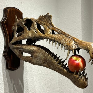 Wallmounted Spinosaurus aegyptiacus 1915 skull replica sculpture in brown or black made from 3D scans of real dinosaur bones