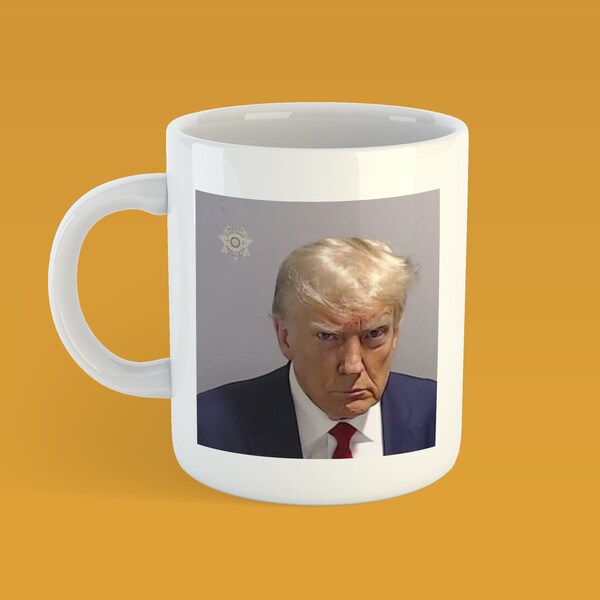 Donald Trump Mugshot Photo Coffee Mug Funny Meme Quote Quality Gift Idea Historic Mug behind bars MAGA Make America Great Again