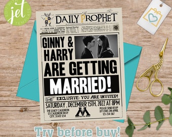 Wizard newspaper wedding invitation -school of magic - HPinvitation - EDITABLE WITH JET-