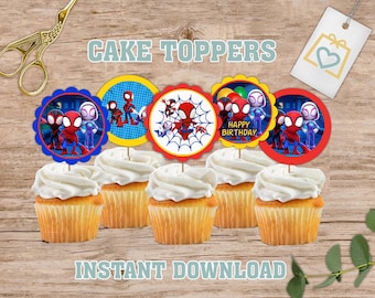 Adornos para cupcakes de Spidey y sus amigos, decoración para fiesta de cumpleaños (descarga digital)