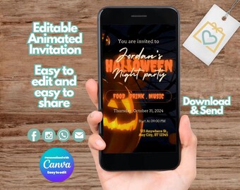 Animated Pumpkin Halloween Party E-Invite, Editable Canva Video (Digital Download)