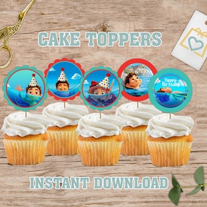 May include: Six cupcake toppers featuring a cartoon character from the animated film Luca. The toppers are printed on round, white cardstock with blue and red accents. The toppers feature the character swimming, wearing a birthday hat, and holding a birthday cake. The text "Happy Birthday" is printed on one of the toppers.