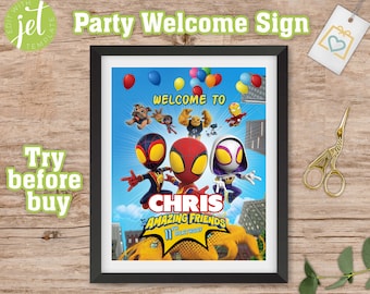 Cartel de bienvenida de cumpleaños de Spidey y sus amigos, decoración imprimible para fiesta (archivo digital)