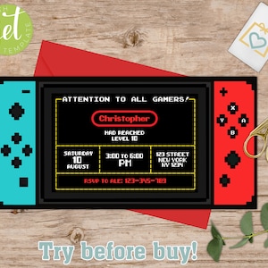 VideoGame switch Birthday Invitation - Kids Birthday invitation, Birthday - Gamer Party invitation-EDITABLE WITH JET