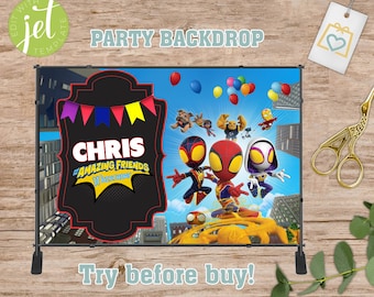 Fondo de cumpleaños de Spidey y sus amigos, decoración para fiesta de Spiderman (archivo digital)