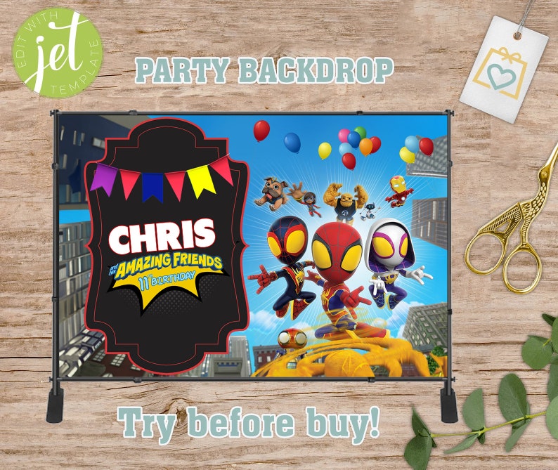 Puede incluir: Un tel&oacute;n de fondo negro y rojo con un fondo de ciudad. El tel&oacute;n de fondo presenta una imagen de dibujos animados de Spider-Man y sus amigos. El texto "Chris' Amazing Friends 11th Birthday" est&aacute; en el tel&oacute;n de fondo.