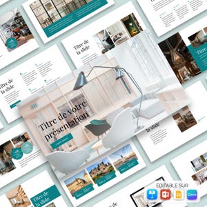 Peut inclure: Modèle de présentation sur le thème du design d'intérieur moderne. La diapositive principale présente un salon avec des chaises blanches et un lampadaire. D'autres diapositives présentent des images de design d'intérieur et du texte.