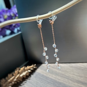 Long Crystal Clip On Rosegold Crystal Dangle Earring Painless Clip on Elegant Minimalistic Clip On