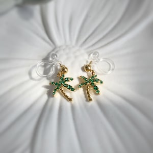 Palm Tree Clip On Invisible Clip On Traveling Accessories Hawaii Earring Holiday Clip On Green Clip On Small Clip On CZ Earrings