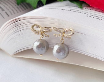 Boucles d’oreilles En perle de coton gris Date Nuit Boucle d’oreille habillée Cadeau pendant pour sa confession de Noël Saint-Valentin