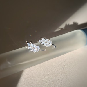 Silver Cubic Zirconia Leaf Earrings Stud Earrings Nature Gift For Her sister gift anniversary graduation Invisible Clip on customization