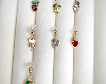 Brincos de clipe invisíveis com zircônia cúbica multicolorida, presente fofo para meninas, presente de aniversário com frutas, brincos de clipe de frutas para meninas