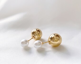 Goud/pareloorbellen dubbele bol, bidirectionele oorbellen, stijlvol, cadeau voor haar, veelzijdige oorbel, multifunctionele oorbel