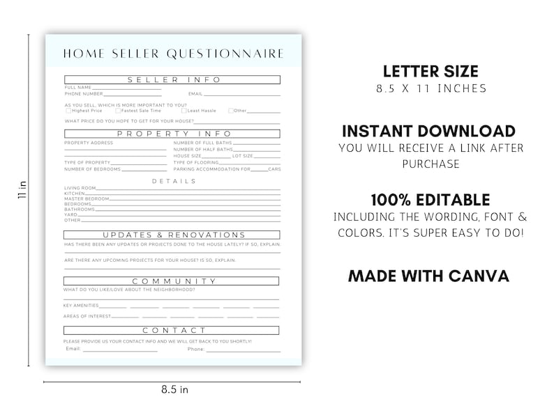 Home Seller Questionnaire Sheet, Buyer Survey, Fillable PDF, Editable