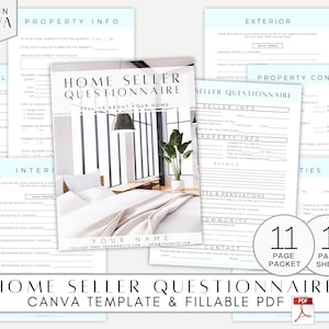 May include: A printable home seller questionnaire template in a light blue and white color scheme. The template includes sections for property information, interior details, exterior details, property condition, and community information. The template is designed to be used by real estate agents and sellers to gather information about a property.
