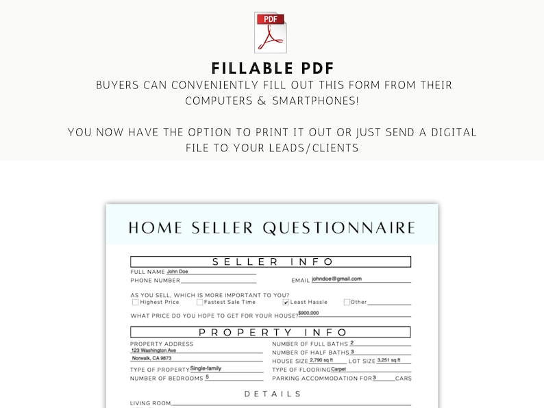 Home Seller Questionnaire Sheet, Buyer Survey, Fillable PDF, Editable