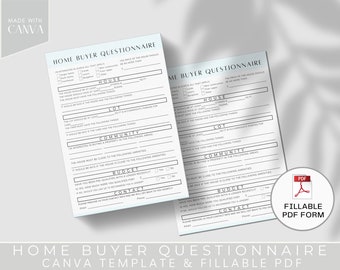Home Buyer Questionnaire Sheet, Buyer Survey, Fillable PDF, Editable Buyer Packet, Realtor Forms, Real Estate Marketing, Canva Template