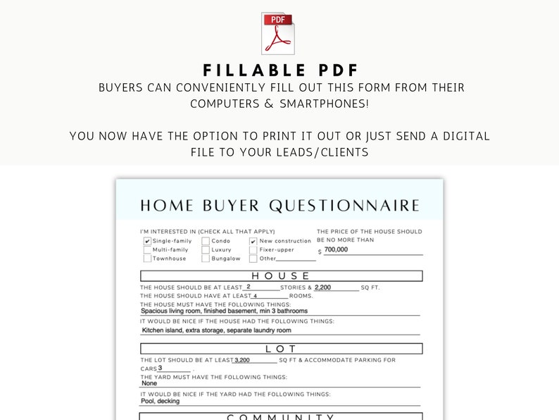 Home Buyer Questionnaire Sheet, Buyer Survey, Fillable PDF, Editable