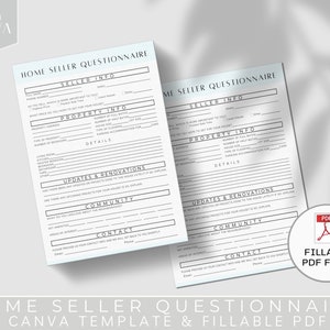 Home Seller Questionnaire Sheet, Buyer Survey, Fillable PDF, Editable Buyer Packet, Realtor Forms, Real Estate Marketing, Canva Template