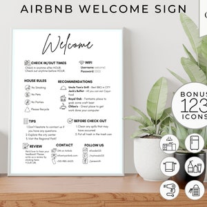 Cartel de bienvenida de Airbnb imprimible, reglas de la casa, alquiler vacacional, póster de llegada de huéspedes, guía para anfitriones, plantilla de Canva editable, iconos ADICIONALes de Airbnb
