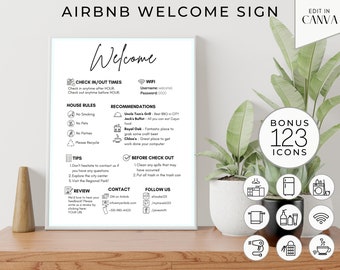 Printable Airbnb Welcome Sign, House Rules, Vacation Rental, Guest Arrival Poster, Host Guide, Editable Canva Template, BONUS Airbnb Icons