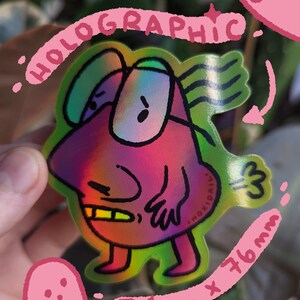 Nervous Toots 74 x 76mm Funny Glossy Holographic Die Cut Sticker Weird Fart Illustration image 2