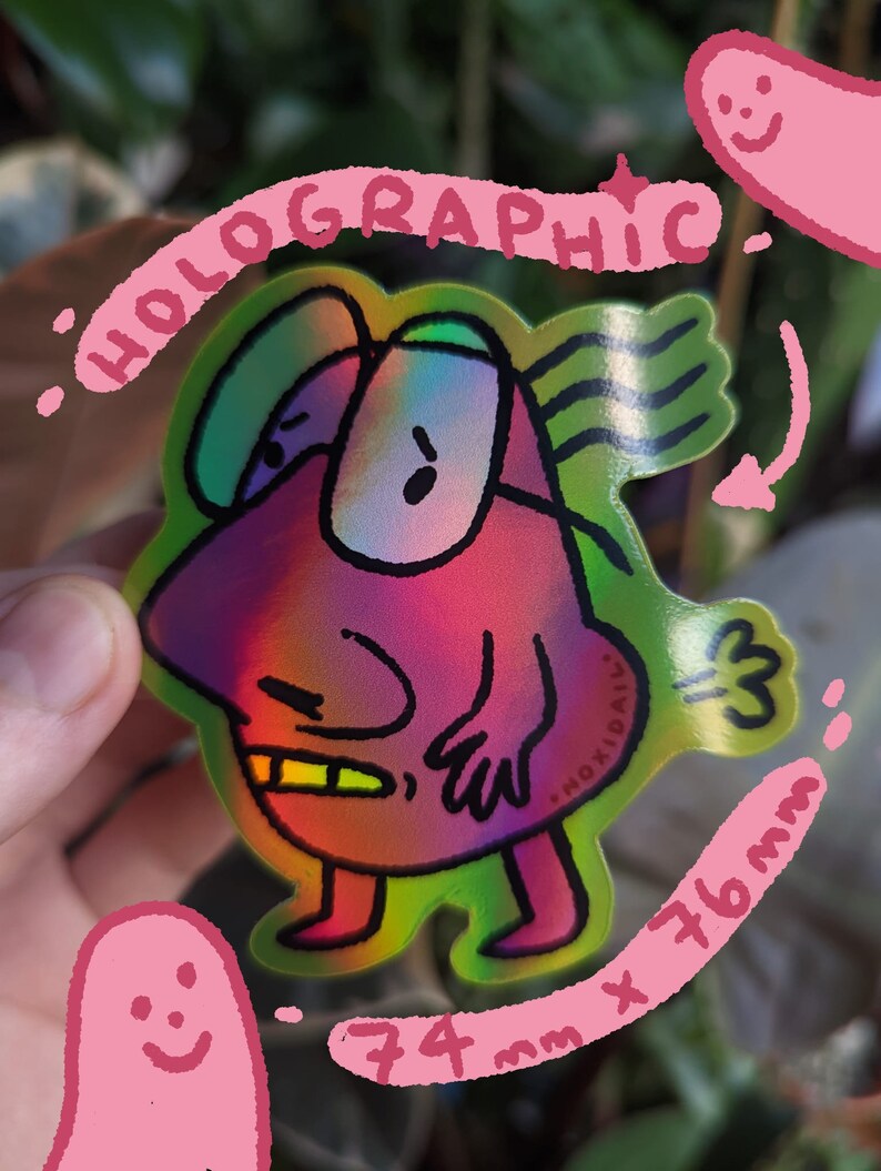 Nervous Toots 74 x 76mm Funny Glossy Holographic Die Cut Sticker Weird Fart Illustration image 2