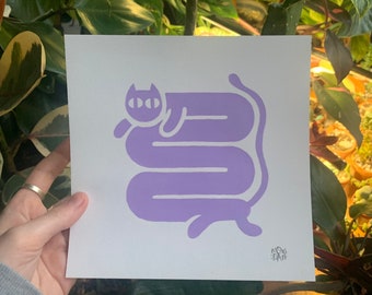 Long Cat Original Acrylic Painting 7x7” Square Artwork on 200gsm Fine Grain Heavyweight Paper | Pale Purple Violet and White