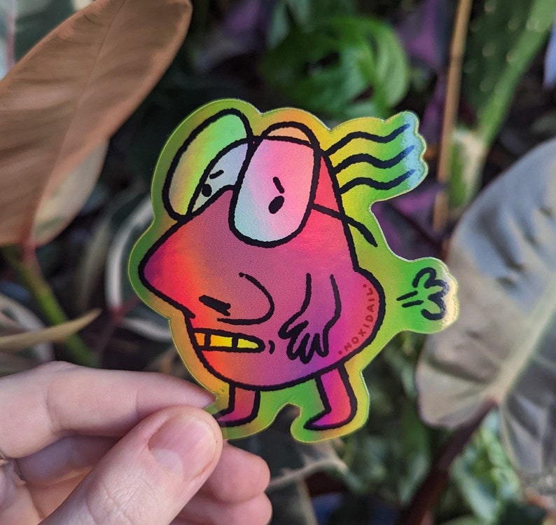 Nervous Toots 74 x 76mm Funny Glossy Holographic Die Cut Sticker Weird Fart Illustration image 1