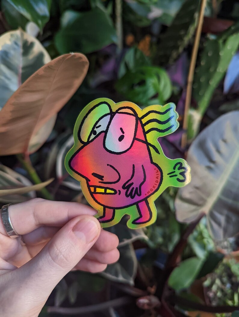 Nervous Toots 74 x 76mm Funny Glossy Holographic Die Cut Sticker Weird Fart Illustration image 3