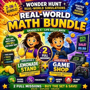 Puede incluir: Un paquete educativo 2 en 1 titulado Real-World Math Bundle para los grados 5-6. La portada muestra a dos niños de dibujos animados, un puesto de limonada, una tienda de juegos y texto que incluye Wonder Hunt, 2 Full Missions y 20% off.