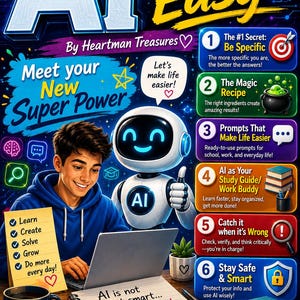 May include: A digital poster titled AI Made Easy featuring a smiling robot and a person using a laptop. The graphic includes six numbered steps for using AI, a list of tasks, a mug with text, and a notebook with the handwritten note AI is not just smart.