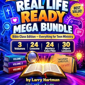 May include: A digital graphic for the Real Life Ready Mega Bundle Bible Class Edition by Larry Hartman. It features an open book, a stack of three volumes, a magnifying glass, and a folder labelled Mystery Case Files with Top Secret text.