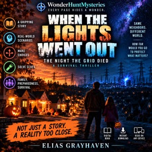 May include: A book cover titled When The Lights Went Out: The Night The Grid Died by Elias Grayhaven. The image shows a suburban street transitioning from a warm sunset to a dark night with power lines, a person and child, and a jack-o'-lantern.