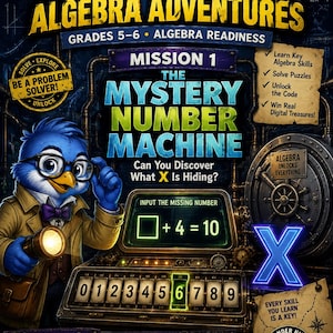 May include: A Wonder Hunt Algebra Adventures game cover featuring Professor Pip, a blue bird character with glasses and a flashlight. The text reads Mission 1 The Mystery Number Machine, Can You Discover What X Is Hiding, and includes math equations.