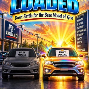 May include: A book cover titled FULLY LOADED Don't Settle for the Base Model of God by Larry Hartman. It features a gray car labeled BASE MODEL and a gold car labeled FULLY LOADED, with a sign listing PRAYER, WISDOM, SERVICE, COURAGE, BIBLE KNOWLEDGE, GENEROSITY, PEACE, FAITH, LOVE, PURPOSE.