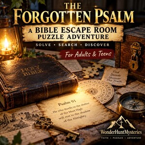 May include: The Forgotten Psalm: A Bible Escape Room Puzzle Adventure game kit featuring a dark leather Holy Bible, a brass skeleton key, a circular cipher wheel, a compass, and a parchment note with Psalm 91 text. Includes a wooden chest.