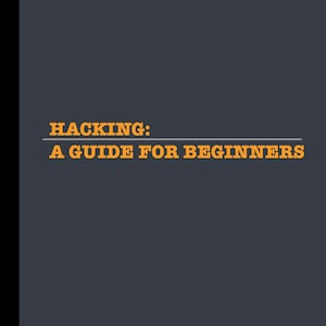 May include: A black and gray notebook with the text "Hacking: A Guide for Beginners" in orange. The notebook has three blank lines with a gray pen icon at the bottom.