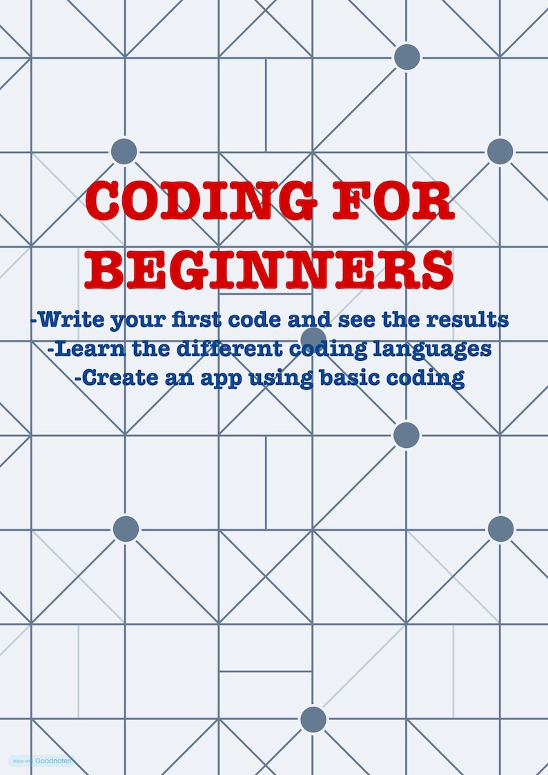 Pu&ograve; includere: Un poster rosso con il titolo "CODING FOR BEGINNERS" su uno sfondo geometrico. Il testo promuove la scrittura di codice, l'apprendimento dei linguaggi di programmazione e la creazione di un'app.