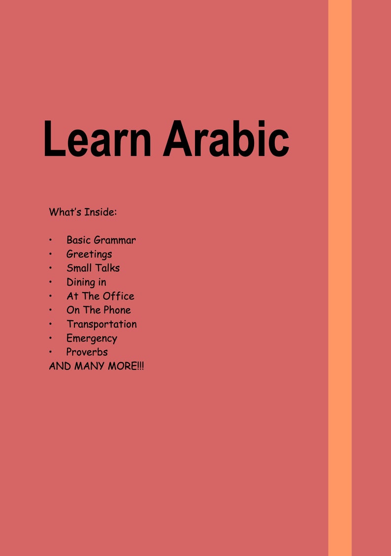 May include: A red background with white text that reads "Learn Arabic". Below the title is a list of topics covered in the book, including basic grammar, greetings, small talk, dining, and more.