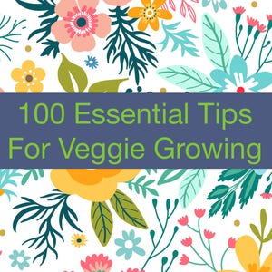 Pode incluir: Um padrão floral colorido com uma faixa azul e verde que diz "100 dicas essenciais para o cultivo de vegetais".