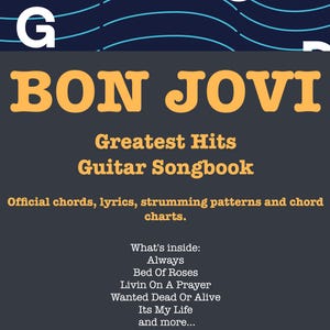 May include: A guitar songbook featuring the band Bon Jovi's Greatest Hits. The cover is dark gray with the band's name in orange letters. The book includes official chords, lyrics, strumming patterns, and chord charts for songs like "Always" and "Livin' On A Prayer."