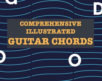 Może przedstawiać: Ciemnoniebieskie tło z białym falistym wzorem. Tekst "COMPREHENSIVE ILLUSTRATED GUITAR CHORDS" znajduje się w czarnym polu. Litery "G", "O" i "D" znajdują się w białych okręgach na tle.