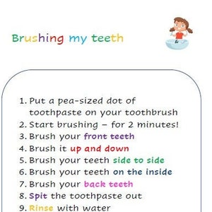 May include: A colorful illustrated guide with instructions on how to brush your teeth. The steps are numbered 1 through 10 and include brushing your front teeth, brushing up and down, brushing side to side, brushing the inside of your teeth, brushing your back teeth, spitting out the toothpaste, rinsing with water, and cleaning your toothbrush. The text "WELL DONE!" is at the bottom of the page.