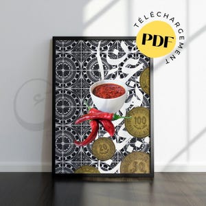 Puede incluir: Un póster enmarcado con un fondo de patrón de azulejos geométricos en blanco y negro, un cuenco blanco lleno de pasta de chile rojo, tres chiles rojos y varias monedas de color dorado con los números 20, 50 y 100 visibles en ellas.