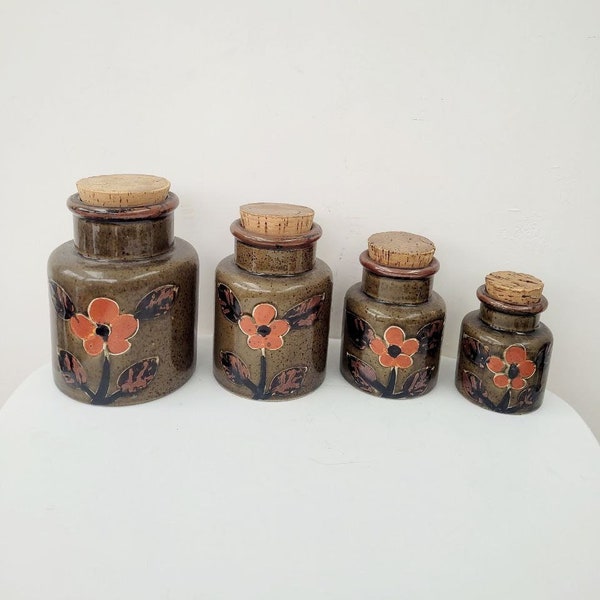 4 pots de conservation anciens bouchon liège poterie artisanal décor floral